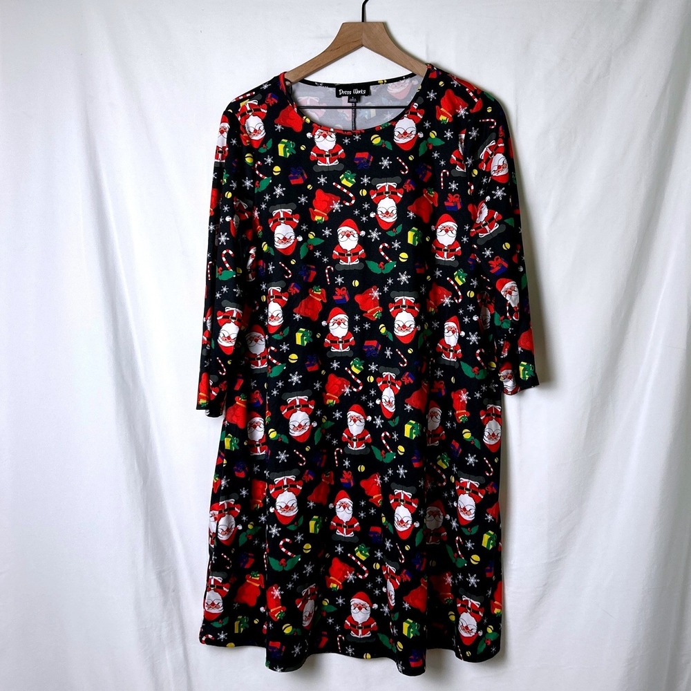 Dress Works Women Santa Claus Holiday Print Long Sleeve Shift Dress Size L Black